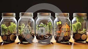 Financial Growth Jars on Wooden Table Ai generation