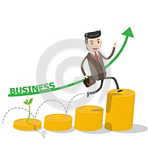 Financial growth success concept with happy businessman climbing