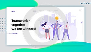 Financial Growth Successful Business Teamwork Cooperation Concept Landing Page. Business People Characters with Dollar