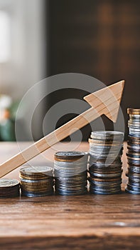 Financial growth symbolized by wooden arrow and stacked coins on table