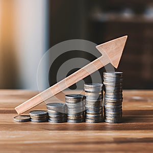 Financial growth symbolized by wooden arrow and stacked coins on table