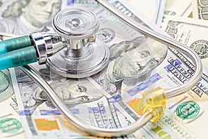 Financial health concept. Stethoscope on a US dollars