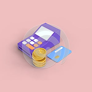 Financial icon concept. money management, calculating financial risk, calculator with coins stack. 3d render illustration