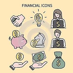 Financial icons cute cartoon doodle style illustration