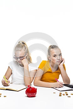 Financial Ideas and Concepts. Portrait of Caucasian Teenager Twin Girls Posing With Coins and Piggy Bank. Making Notes with