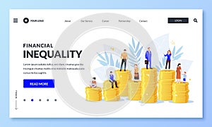 Financial inequality and difference in salary income concept. People on money unequal stacks. Vector illustration