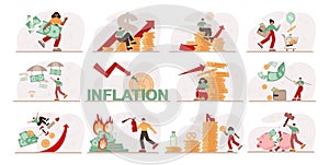 Financial inflation concept set. Growing up prices for goods and value