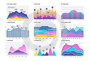 Financial infographic. Business bar graph and line histogram, economic diagram and stock chart. Marketing infographics