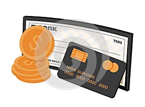 Financial instruments, plastic credit debit card, bank cheque, checkbook, coins. Personal money.