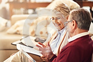 Financial, insurance and budget with an old couple in their home for retirement or pension planning. Accounting, money