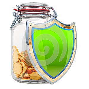 Financial insurance concept. Golden coins inside glass jar with