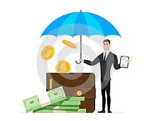 Financial insurance and protection guarantees concept. Wallet with money under umbrella holds businessman. Cash