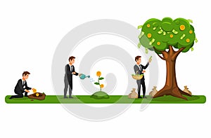 Financial investment future plan. businessman watering and harvest money tree concept in cartoon illustration vector