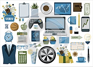 Financial investment icons. Vector flat office icons. A big cartoon set of images for business. Modern set for the bank