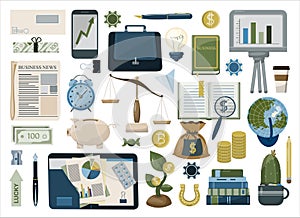 Financial investment icons. Vector flat office icons. A big cartoon set of images for business. Modern set for the bank