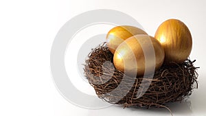 Financial investment and retirement concept with three golden eggs in a nest isolated on white with copy space