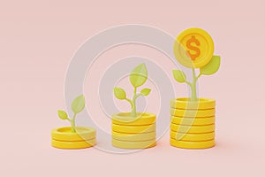 financial investments future income growth concept with dollar coin stacks and plant, 3d rendering