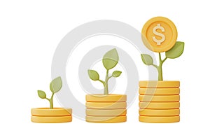 Financial investments future income growth concept with dollar coin stacks and plant,saving money or interest increasing,3d