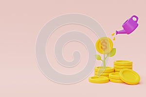 financial investments future income growth concept with dollar coin stacks and plant, saving money or interest increasing, 3d