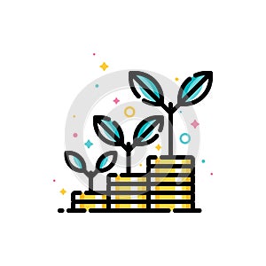 Financial investments or money savings concept with stacks of coins with plants growing up. Flat filled outline style icon