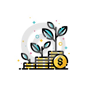 Financial investments or money savings concept with three stacks of coins and plants growing up. Flat filled outline style icon