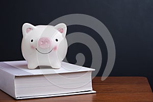 Financial knowledge, saving and investing education or scholarship  concept, pink smiling piggy bank on textbook on wooden table