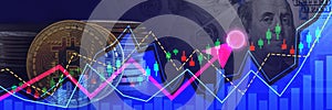 Financial line chart Crypto and Dollars background