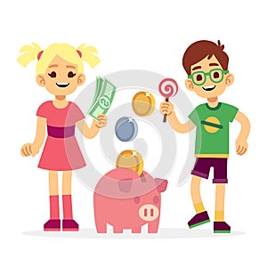 Financial literacy of children concept. Kids saving money with piggy bank