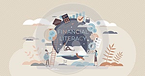 Financial literacy and education with learning from books tiny person concept