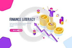 Financial literacy isometric, money accounting, economic illustration with woman who stand on podium, economics strategy