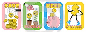 Financial literacy. Money, finance, business, investment vector illustrations with funny cartoon abstract characters.