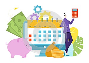 Financial literacy, planning personal monetary budget management, tiny character people flat vector illustration
