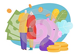 Financial literacy saving money for retirement, old people together trust investment fund flat vector illustration