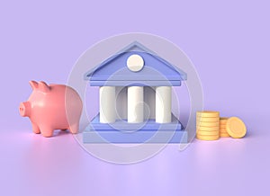 financial management. 3d bank and gold coins in cartoon style. loans, withdrawals, deposits, transactions. illustration isolated