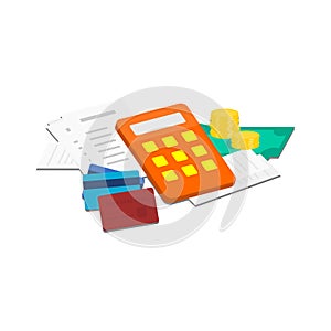Financial management concept. calculator with bills and credit card including golden coins and money on white background.