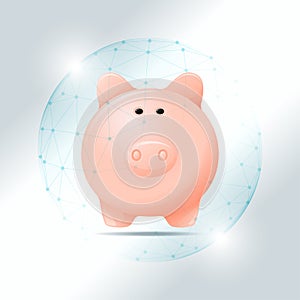 Financial management concept with piggy bank protected in polygonal sphere shield