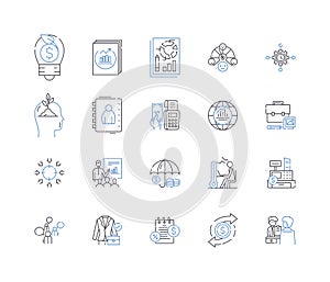 Financial management line icons collection. Budgets, Investments, Forecasting, Cashflows, Taxes, Auditing, Analysis