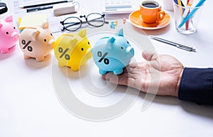Financial management and savings money concepts with piggy bank and percent