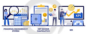 Financial management system, net income calculating, KPI concept with tiny people. Corporate profit estimation vector illustration