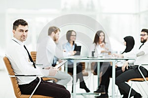 Financial Manager background business meeting business partners.