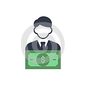 Financial Manager. Money management icon with research sign, explore, find, inspect symbol