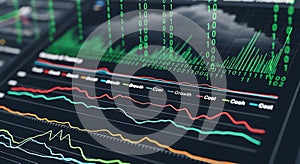 Financial market data analysis showing stock graphs and binary code on a digital screen