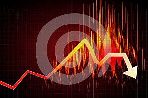 financial market graph chart going down trend Red arrow down with fire explosion from investment in crisis situation, generated AI