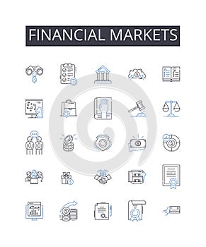 Financial markets line icons collection. Stock exchange, Investment vehicles, Capital markets, Mtary economy, Cash