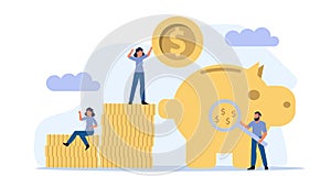 Financial money bank piggy vector people illustration vector with gold coins and money bag. Business flat institution investing