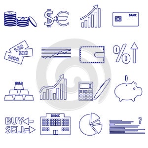 Financial and money blue outline icons set