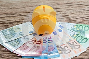Financial money savings account, Europe economics concept, yellow piggy bank on pile of Euro banknotes on wooden table, future gr