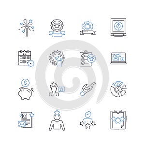 Financial monitoring line icons collection. Budgeting, Forecasting, Analyzing, Tracking, Reporting, Savings, Expenses