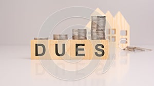 Financial obligations and property ownership emphasized by coins and wooden blocks spelling 'DUES' with blurred photo