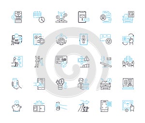 Financial offerings linear icons set. Investments, Banking, Insurance, Loans, Creditcards, Mortgages, Savings line